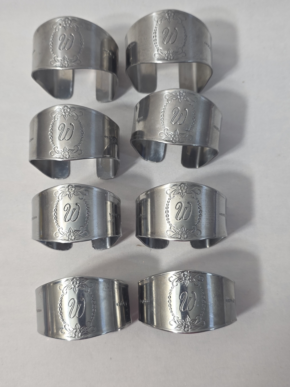 Custom Craft Stainless Steel Silver Napkin Rings with 'W' Monogram - Set of 8